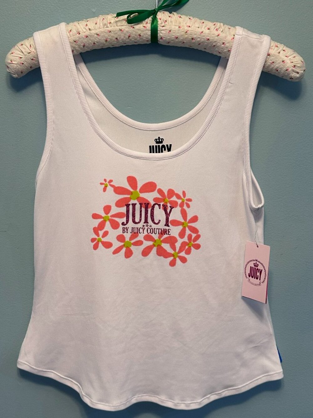 NWT Juicy Couture Floral Logo Ribbed Tank Top White Pink Size Large